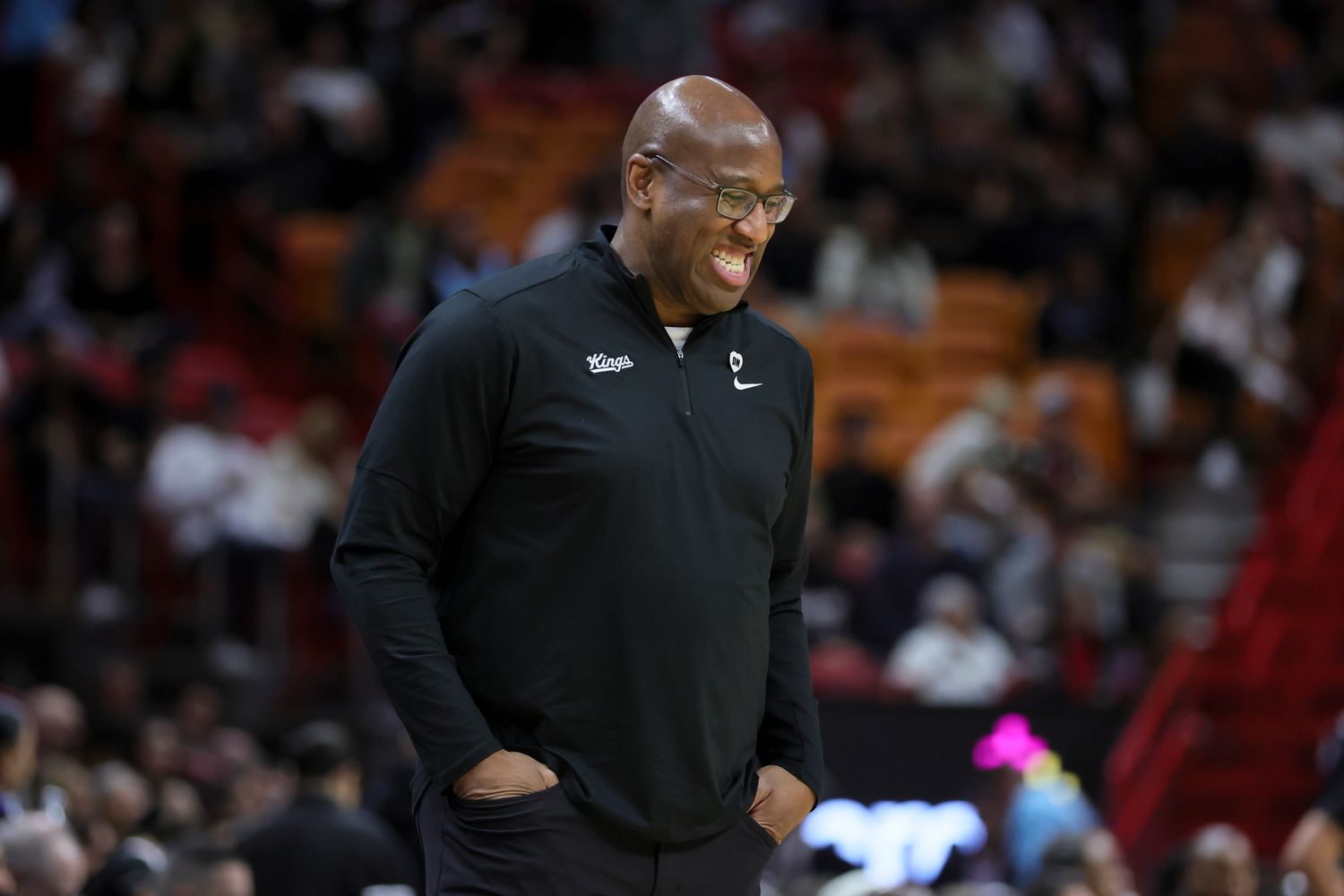 Jan 31, 2024; Miami, Florida, USA; Sacramento Kings head coach Mike Brown reacts on the sideline against the Miami Heat during the first quarter at Kaseya Center. Mandatory Credit: Sam Navarro-USA TODAY Sports